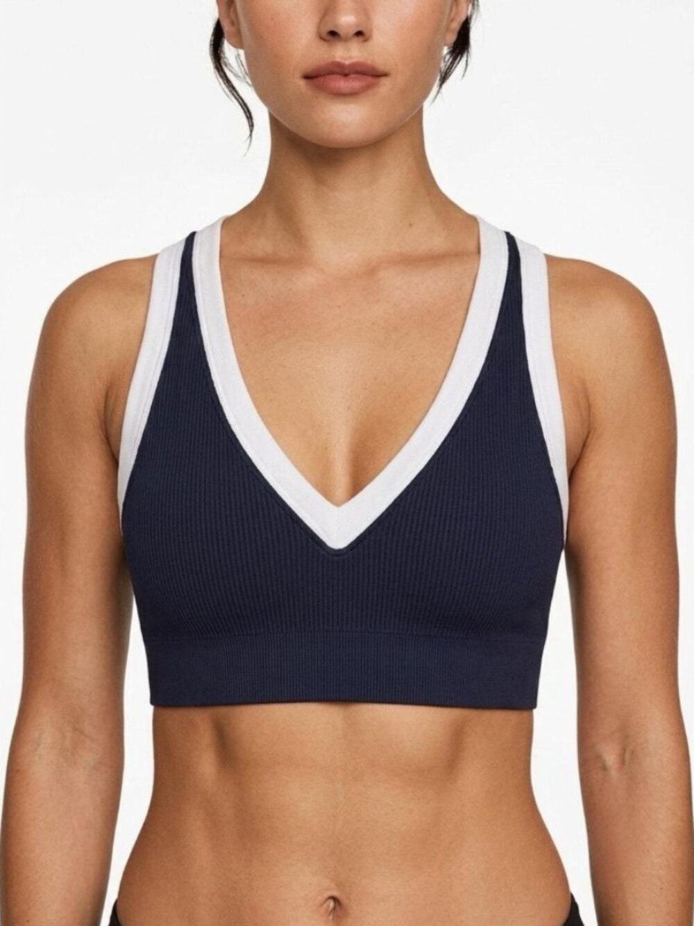 OFFLINE by Aerie Plunge Ribbed Sports Bra Navy Blue White Small